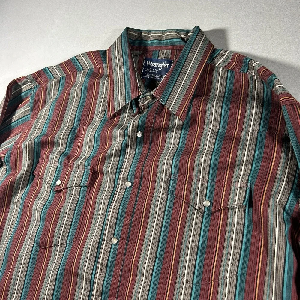 Mens Vintage Wrangler Cowboy Cut Pearl Snap Western Shirt XLT 17.5x36 USA